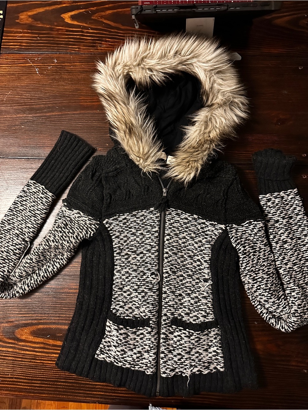 Faux-Fur Hooded Knit Utility Jacket in Black & Cream